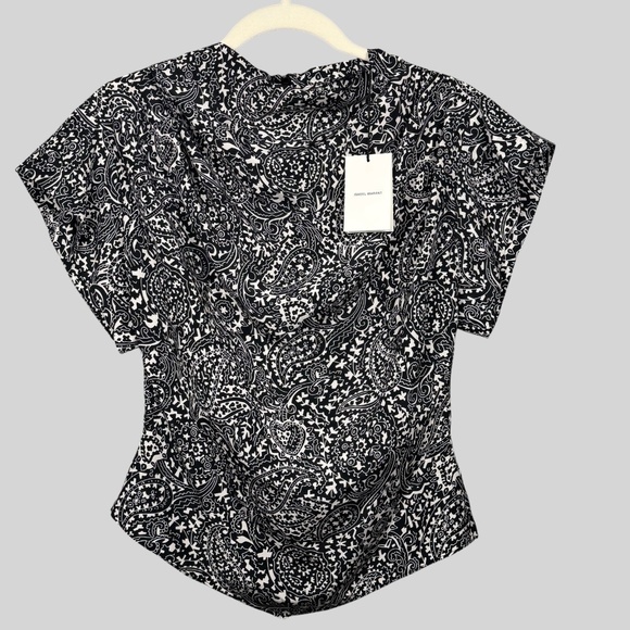 Isabel Marant Top Womens 38 Black White Silk Brinlya Paisley Print Short Sleeve - Picture 1 of 11
